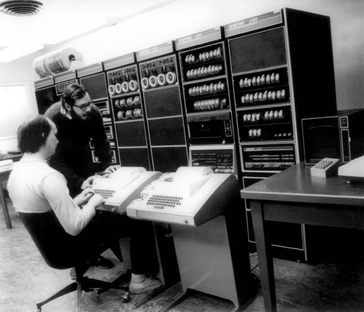 Denis Ritchie, inventor of Unix, using a Teletype with a DEC PDP 11